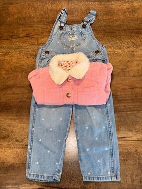 Oshkosh B’gosh 2T Toddler Outfit Bundle Denim Heart Overalls + Pink Jacket
